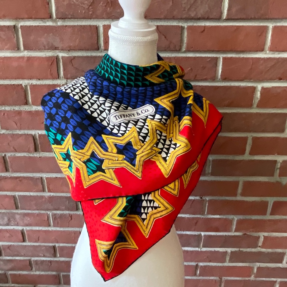 Tiffany & Co. Vintage 1986’ Gold Stars Geometric Pattern Handrolled Silk Scarf